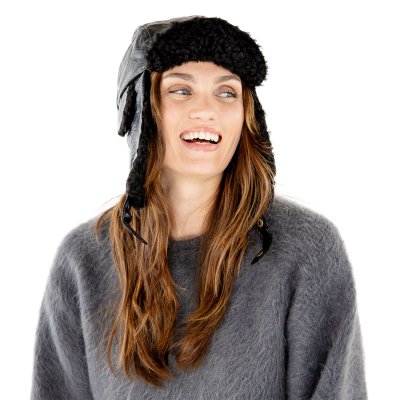 Pilotenmuts - Gårda Linsell Leather Trapper (zwart)